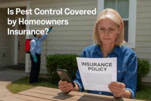A homeowner reviews her insurance policy at a table while a Blue Duck Pest Control technician sprays the exterior of her Indianapolis home.