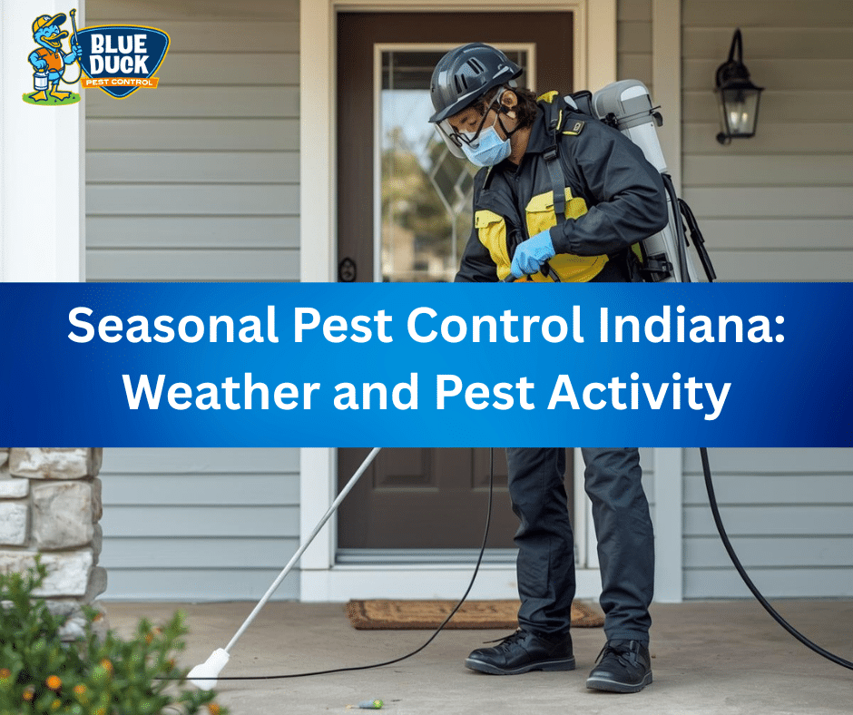 Blue Duck Pest Control technician applying seasonal pest control treatment on a home’s front porch during Indiana’s changing weather.