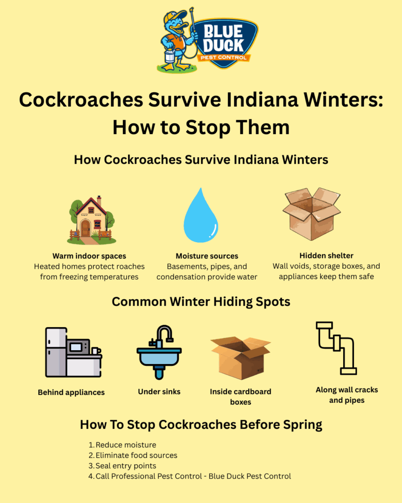Cockroaches don’t disappear in winter. Learn where they hide, how they survive Indiana’s cold months, and what homeowners can do now to stop infestations before spring.