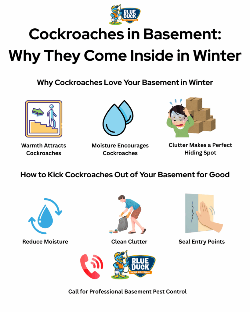 Infographic from Blue Duck Pest Control titled “Cockroaches in Basement: Why They Come Inside in Winter,” showing why roaches are attracted to basements in winter—warmth, moisture, and clutter—and how to remove them by reducing moisture, cleaning clutter, sealing entry points, and calling a professional for basement pest control - Blue Duck Pest ControlInfographic from Blue Duck Pest Control titled “Cockroaches in Basement: Why They Come Inside in Winter,” showing why roaches are attracted to basements in winter—warmth, moisture, and clutter—and how to remove them by reducing moisture, cleaning clutter, sealing entry points, and calling a professional for basement pest control - Blue Duck Pest Control