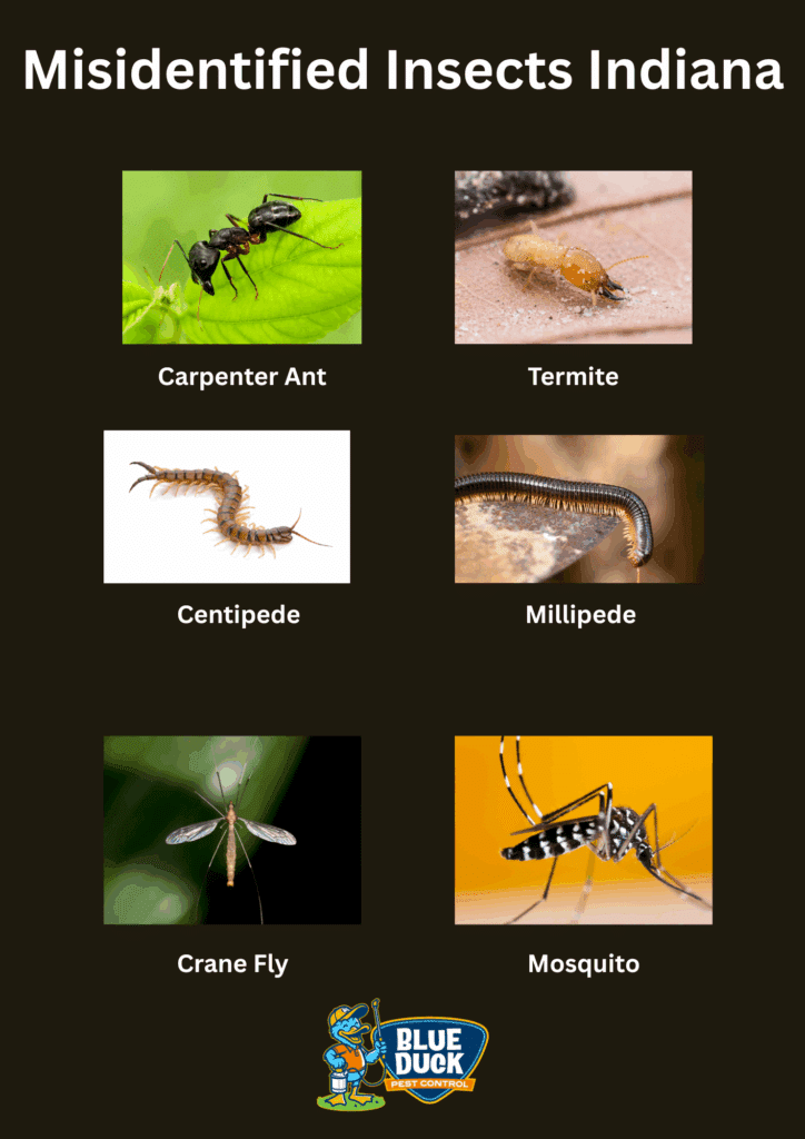 Commonly misidentified insects in Indiana, including photos labeled Carpenter Ant, Termite, Centipede, Millipede, Crane Fly, and Mosquito | Blue Duck Pest Control