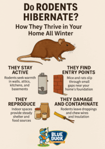 Infographic explaining how rodents stay active through winter, showing that they do not hibernate and instead find warm entry points, reproduce indoors, and cause damage inside homes by Blue Duck Pest Control