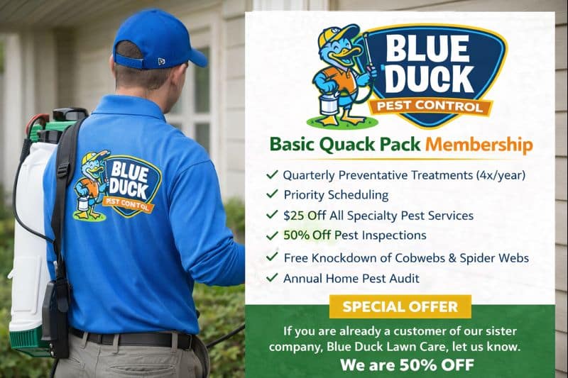 A Blue Duck Pest Control technician with text highlighting the affordable Basic Quack Pack membership for year-round home protection in Indianapolis.