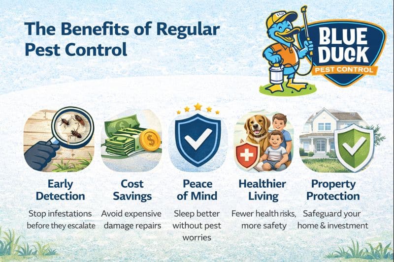 Blue Duck Pest Control Expert shares the benefits of regular pest control, including early detection, cost savings, peace of mind, healthier living, and property protection.