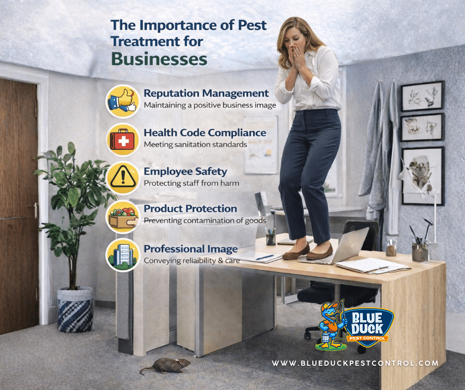 Rat sighting in workplace causes employee to climb onto desk, demonstrating why pest control is important for businesses in Indianapolis.