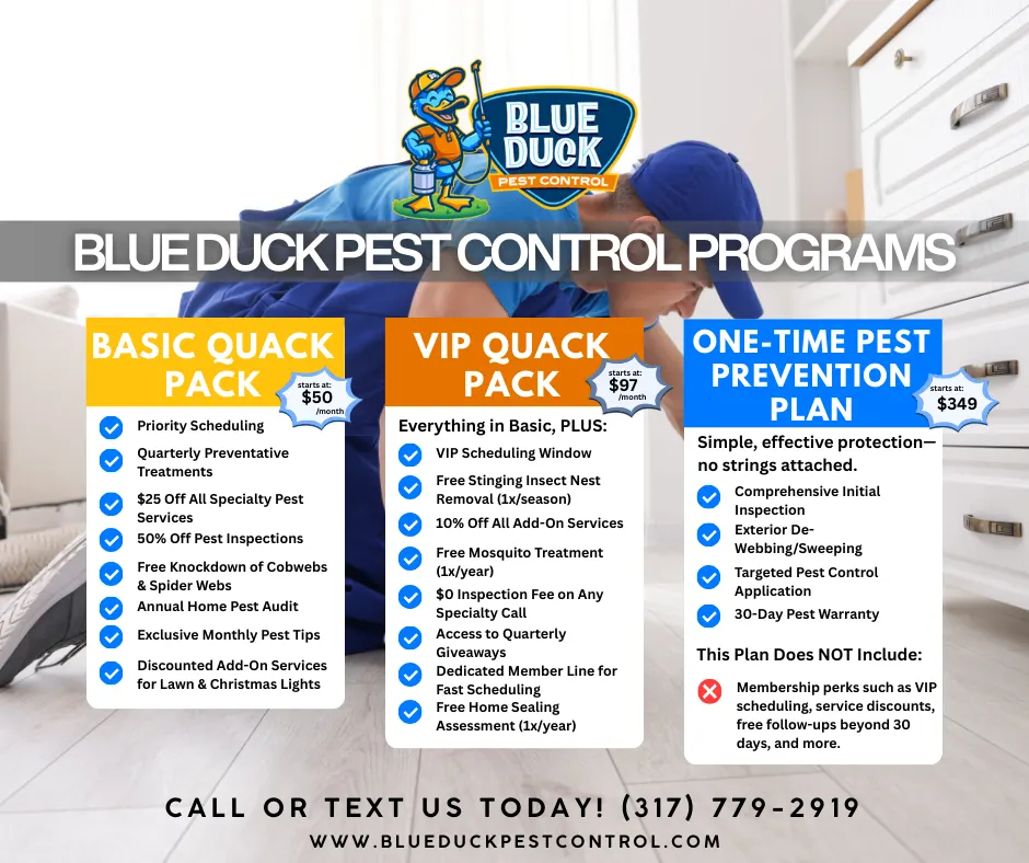 Blue Duck professional pest control membership options starting at 50 dollars monthly with exclusive perks for homes in Fishers, Indiana.
