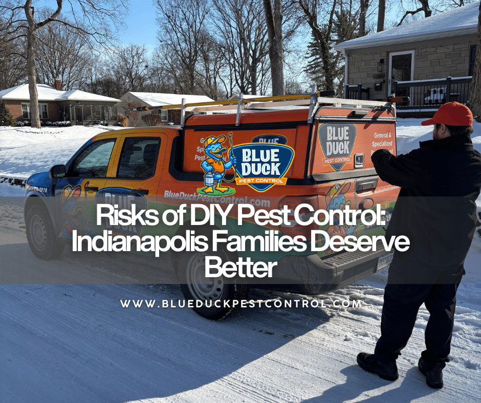Blue Duck Pest Control technician applying treatment safely avoiding risks of DIY pest control for Indianapolis families.