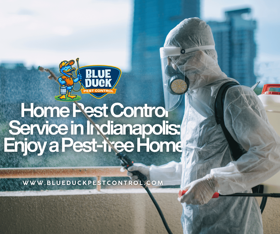 Blue Duck Pest Control technician in full PPE gear providing professional home pest control service for Indianapolis families.