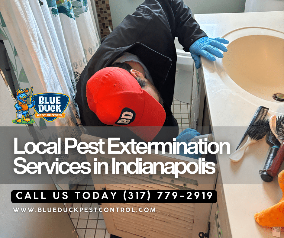 Blue Duck pest control professional and vehicle responding fast for Indianapolis local pest control families rely on