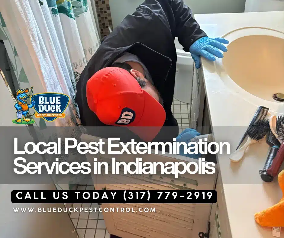 Blue Duck pest control professional and vehicle responding fast for Indianapolis local pest control families rely on