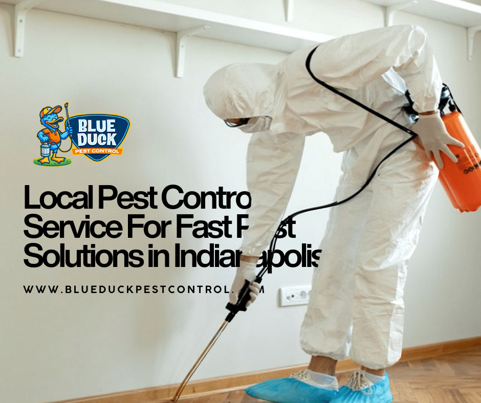 Local pest control service technician from Blue Duck applying targeted treatment to protect Indianapolis home from pests.