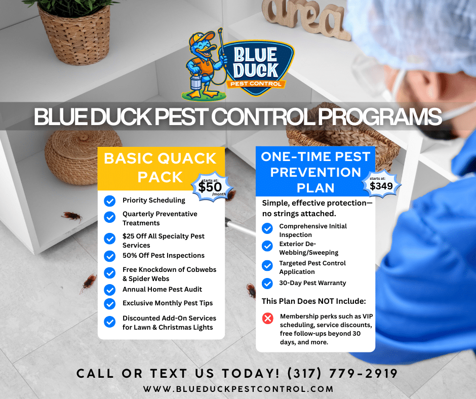 Blue Duck Pest Control Membership benefits including mosquito control showing how to get rid of mosquitoes through seasonal prevention in Indianapolis.
