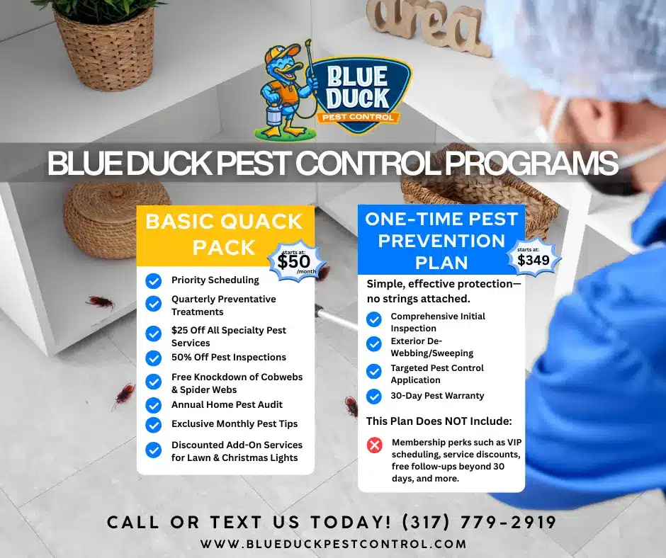 Blue Duck Pest Control Membership benefits including mosquito control showing how to get rid of mosquitoes through seasonal prevention in Indianapolis.