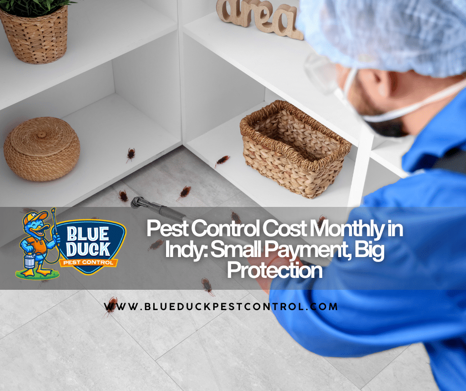 Blue Duck Pest Control technician providing quality service for an Indianapolis home, showing why pest control cost monthly is worth every dollar.