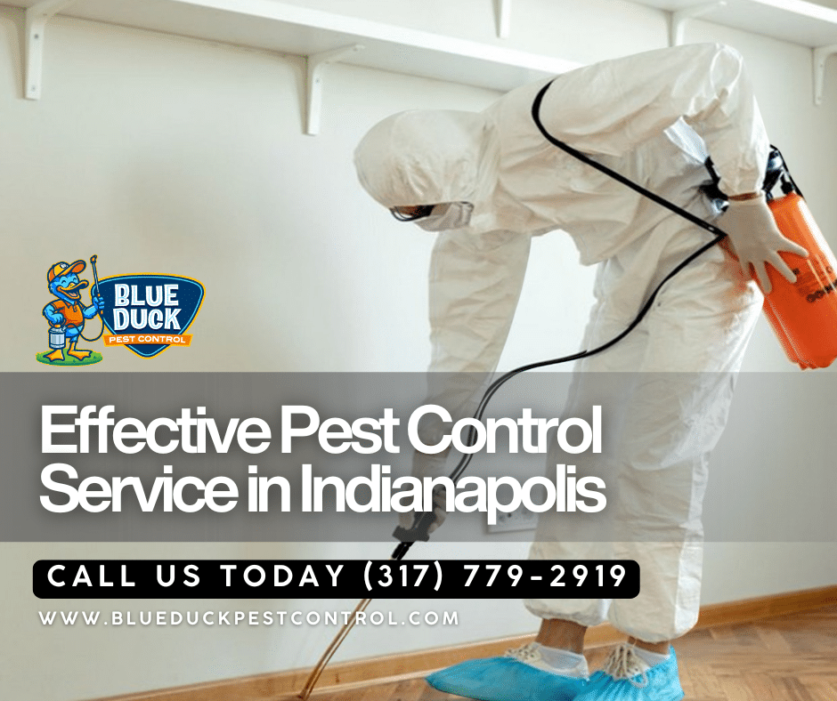 Blue Duck Pest Control technician using family safe products for pest control service Fishers parents appreciate for their homes.