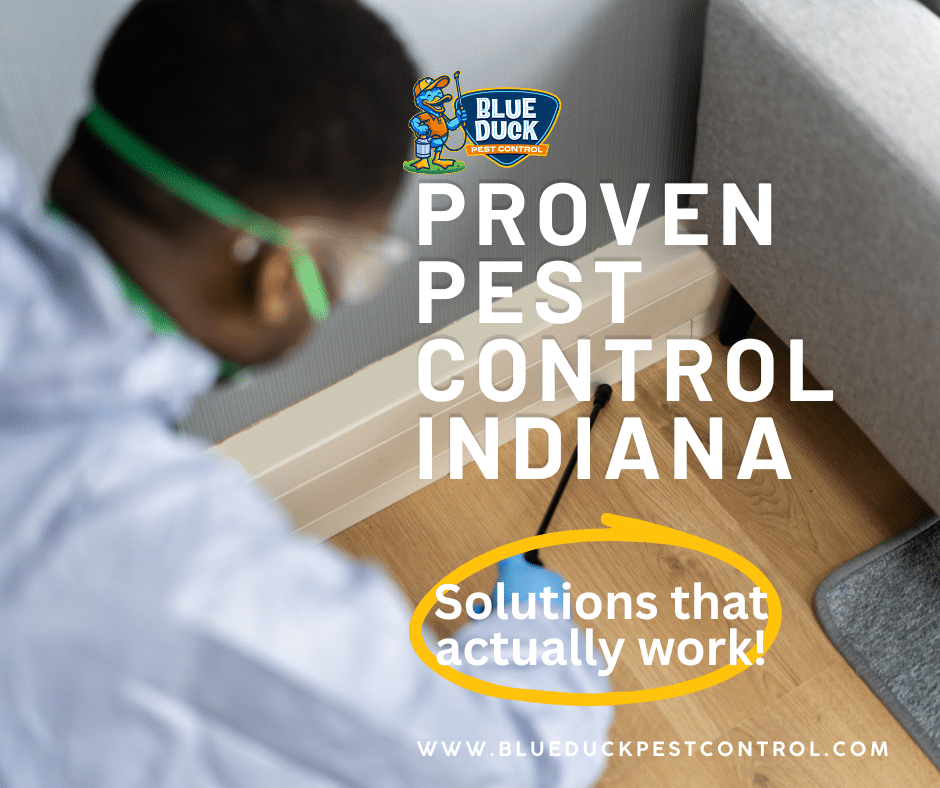 Blue Duck technician using family-safe products for proven pest control in Indianapolis home.