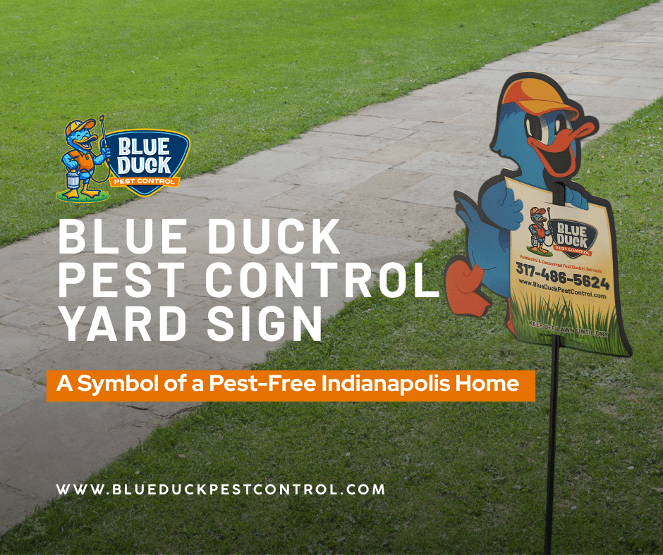 Blue Duck pest control yard sign in Indianapolis neighborhood lawn indicating a protected home from ants, roaches, rodents, and mosquitoes.