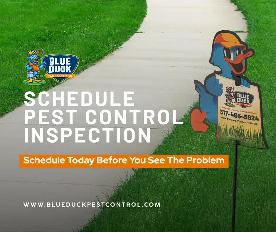 Pest control yard sign placed on a lawn of a home in Indianapolis with phone number encouraging viewers to schedule pest control inspection with Blue Duck Pest Control.