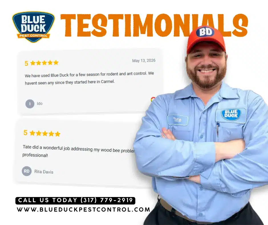Blue Duck Pest Control technician posing with five-star reviews for professional mosquito control services in Central Indiana.