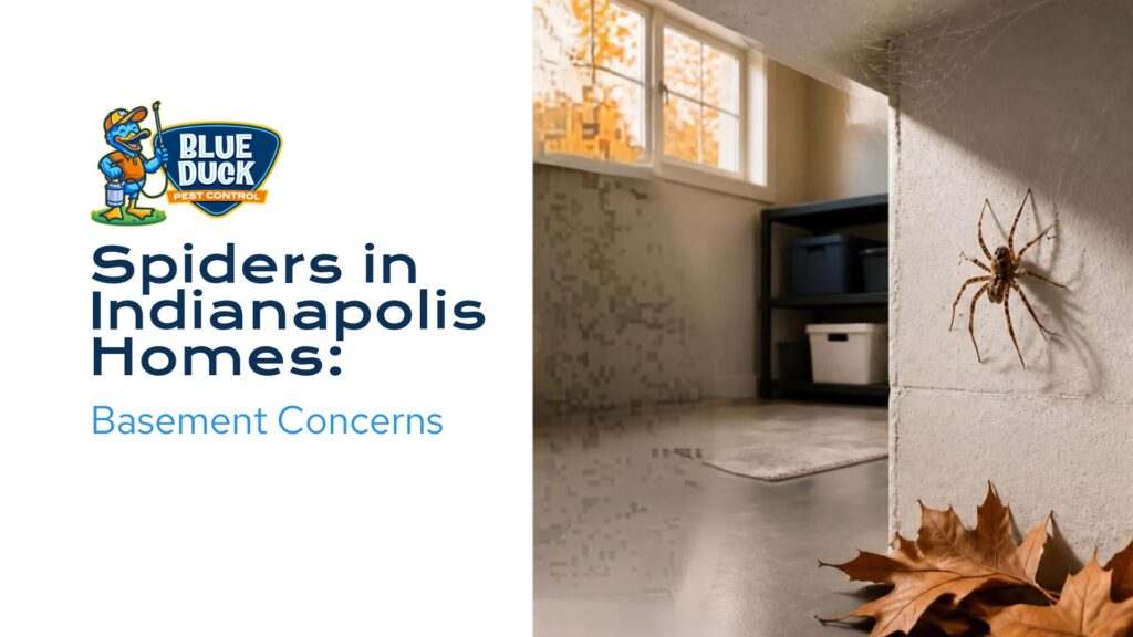 Spiders in Indianapolis homes hiding in a Brownsburg basement during fall, a common area for spider activity and other household pests.